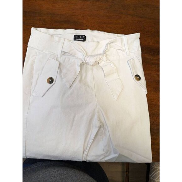 SOHO Apparel Ltd. White Pants Off Side Front Pockets with Ties Belt Women's Size - Picture 2 of 6